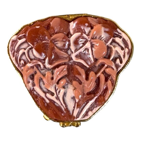 Vintage Estee Lauder Solid Perfume Compact Carved Coral Pansies Sea Jewel No Box - Picture 2 of 12